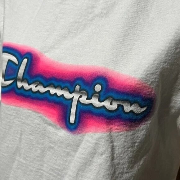 Champion White Spray Paint Logo Retro Crewneck T-shirt - Picture 2 of 4
